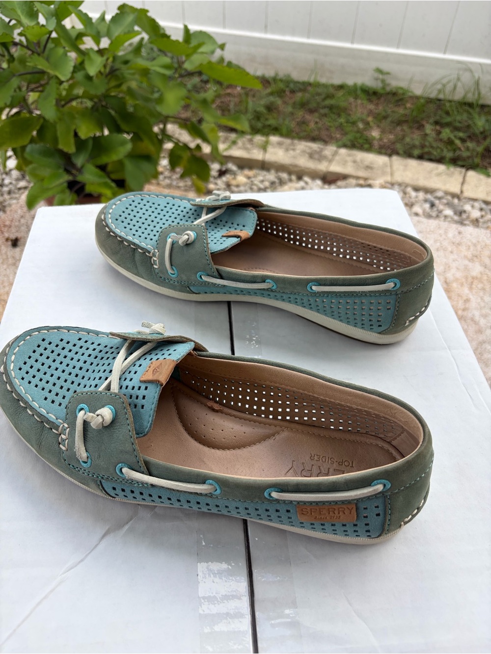Sperry Teal and Olive Perforated Boat Moccasins
